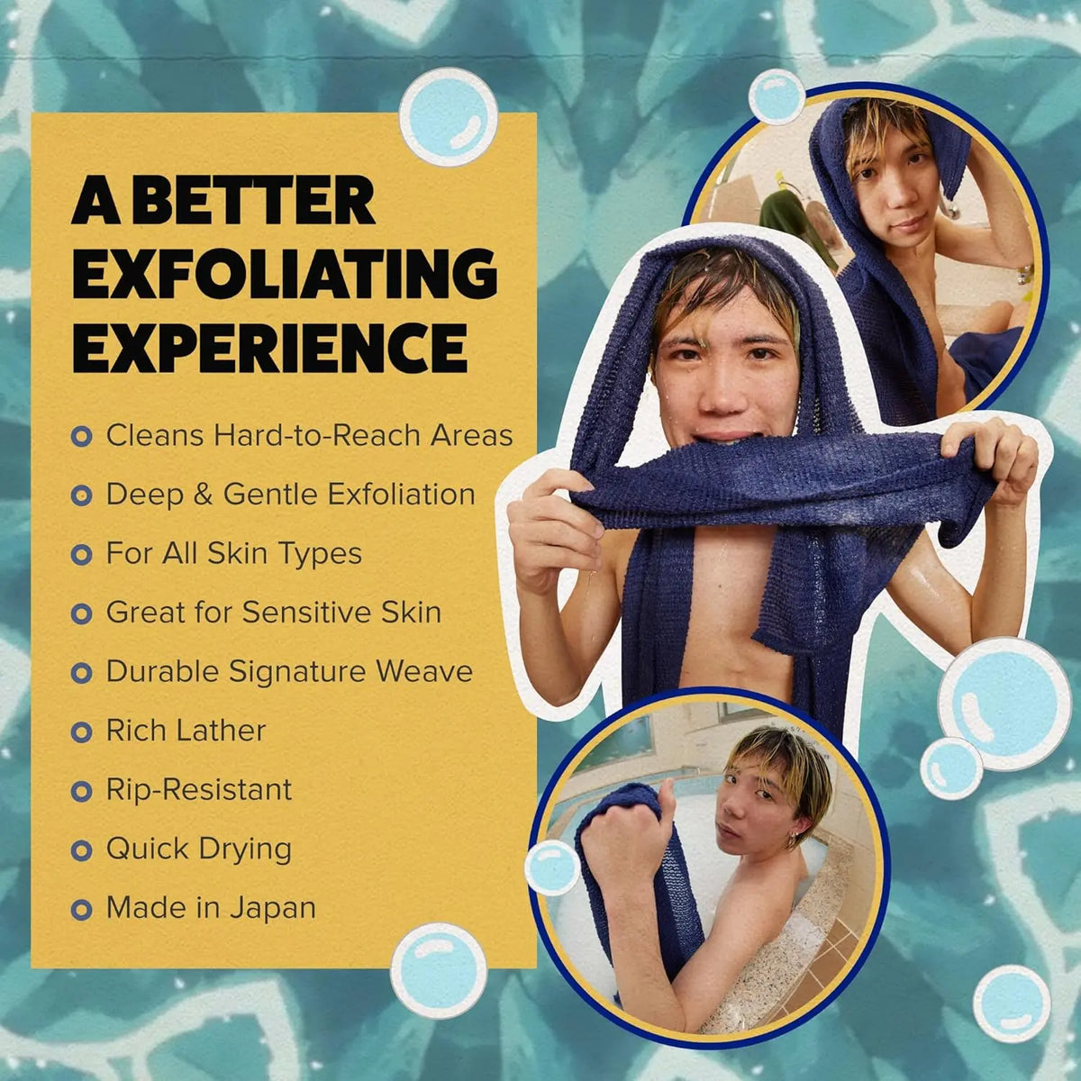 GOSHI Exfoliating Shower Bath Towel - Rip-Resistant Personal Exfoliating Washcloth, Cleaning, Scrubber for All Skin Types - Made in Japan