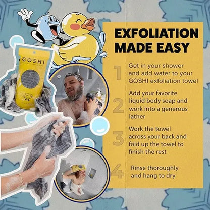GOSHI Exfoliating Shower Bath Towel - Rip-Resistant Personal Exfoliating Washcloth, Cleaning, Scrubber for All Skin Types - Made in Japan