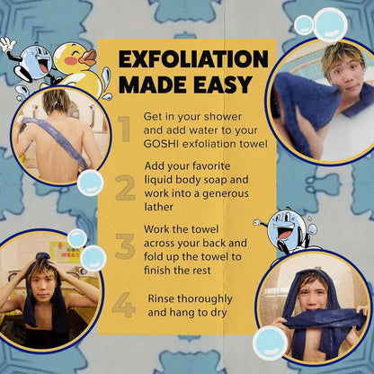 GOSHI Exfoliating Shower Bath Towel - Rip-Resistant Personal Exfoliating Washcloth, Cleaning, Scrubber for All Skin Types - Made in Japan