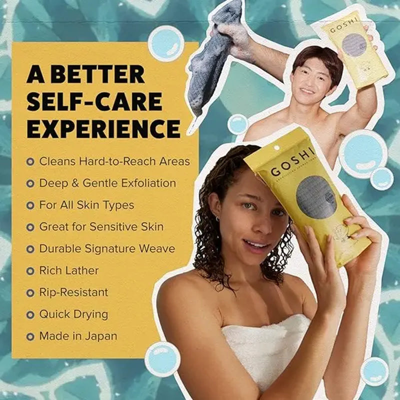 GOSHI Exfoliating Shower Bath Towel - Rip-Resistant Personal Exfoliating Washcloth, Cleaning, Scrubber for All Skin Types - Made in Japan